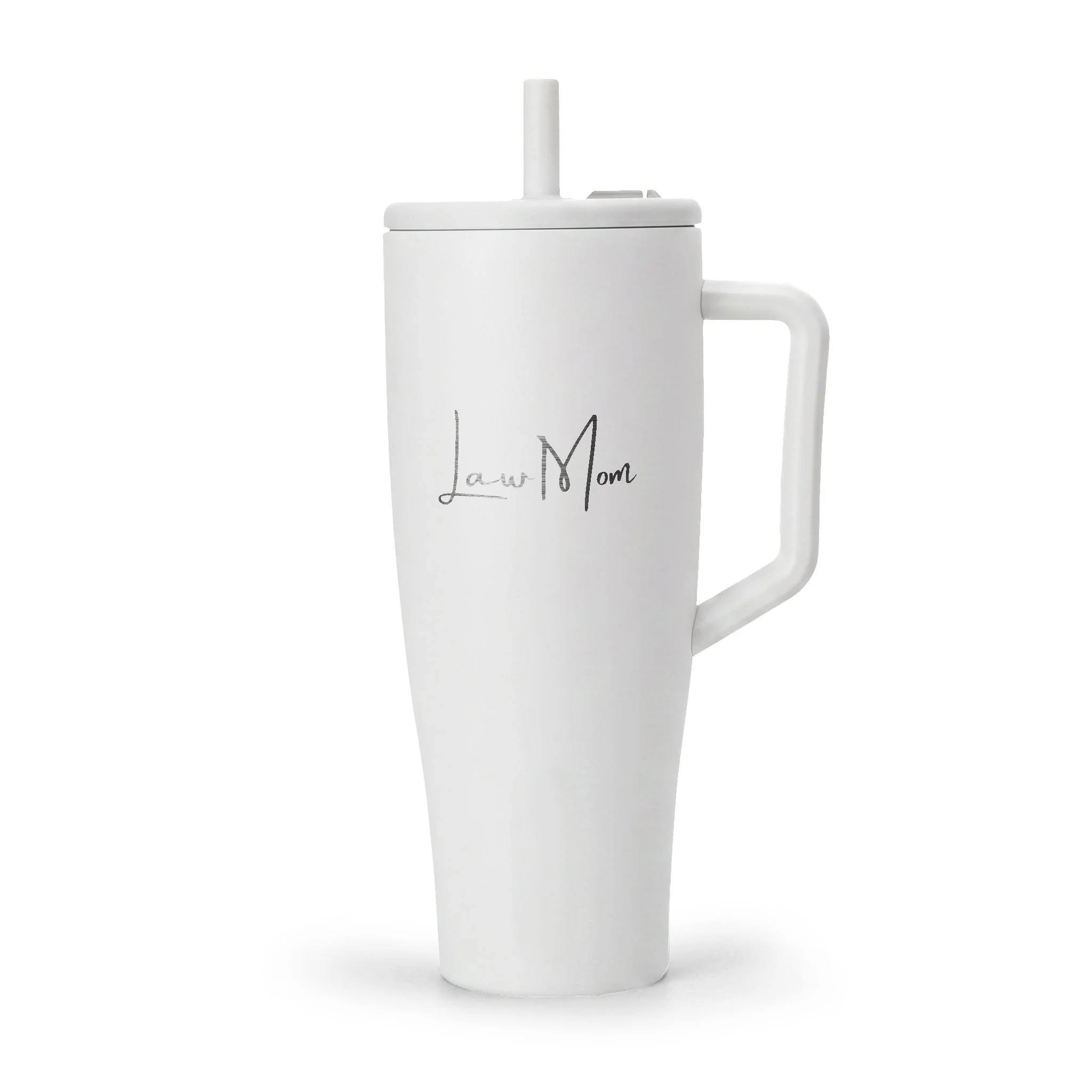 Law Mom tumbler showing its unique engraved font and durable powder-coated finish