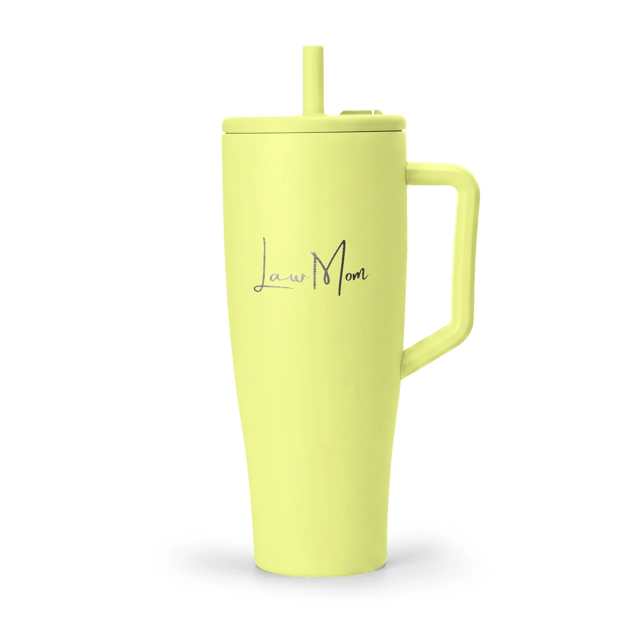 Law Mom stainless steel tumbler with leakproof lid, reusable straw, and comfortable handle