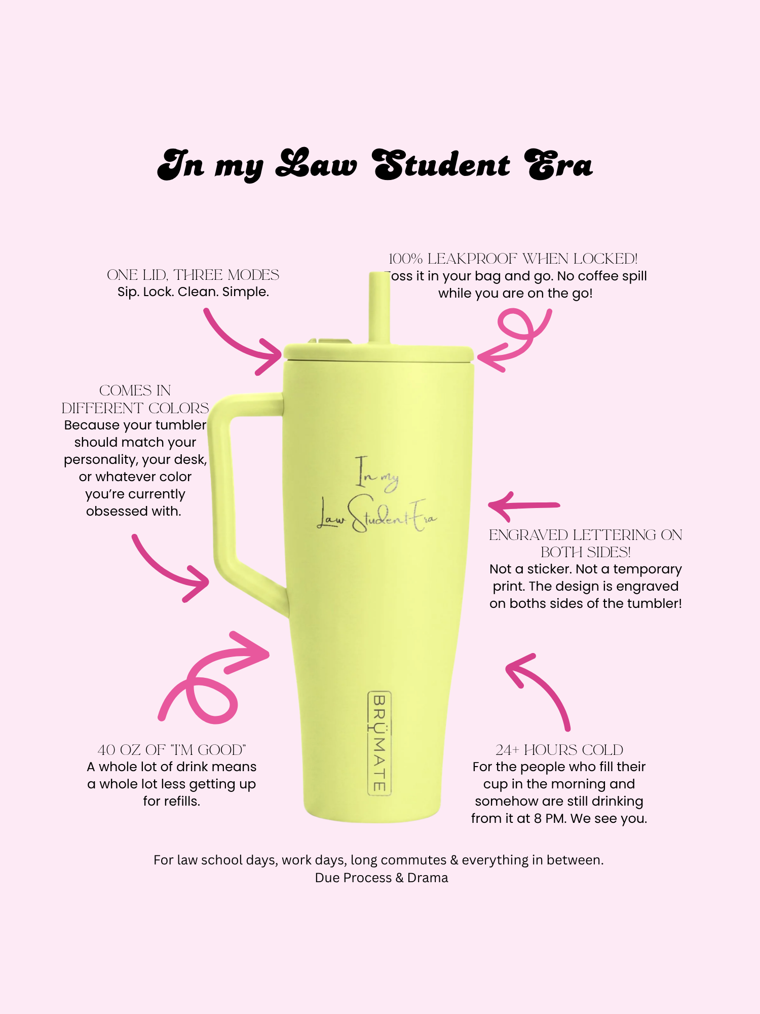 Close-up of the engraved In My Law Student Era design on a 40 oz insulated tumbler