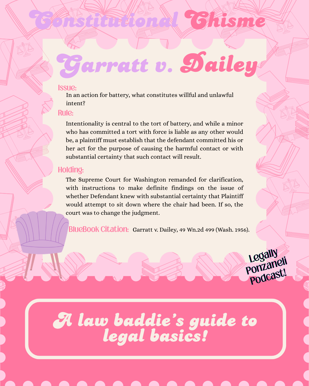 Pink themed cover page of a legal podcast called 'Constitutional Thisme', featuring the title 'Tarratt v. Dailey' with legal discussion points including issue, rule, holding, and citation, surrounded by illustrations of books, a purple chair, and legal icons.