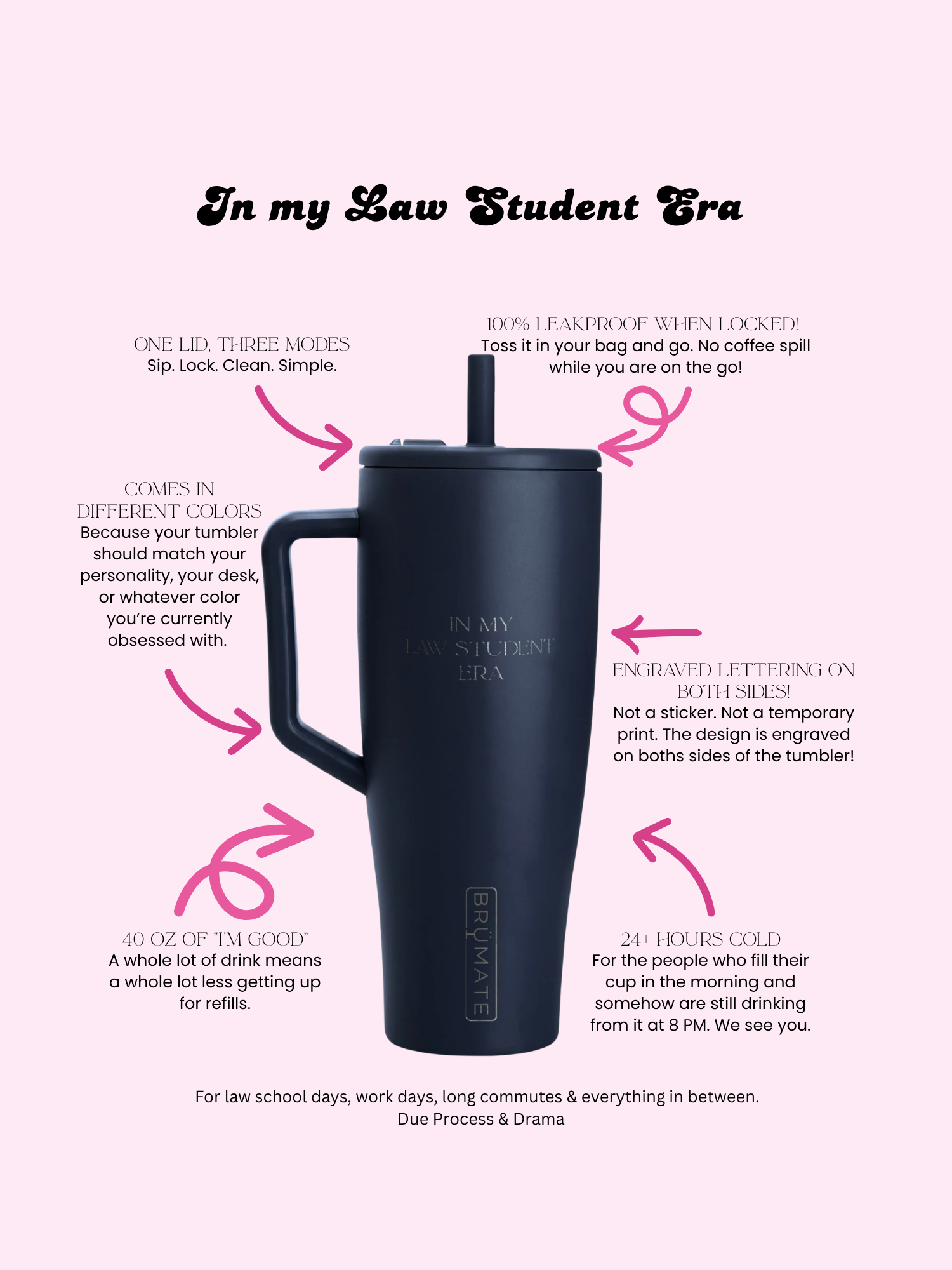 40 oz stainless steel law student tumbler with In My Law Student Era engraving in a different font style