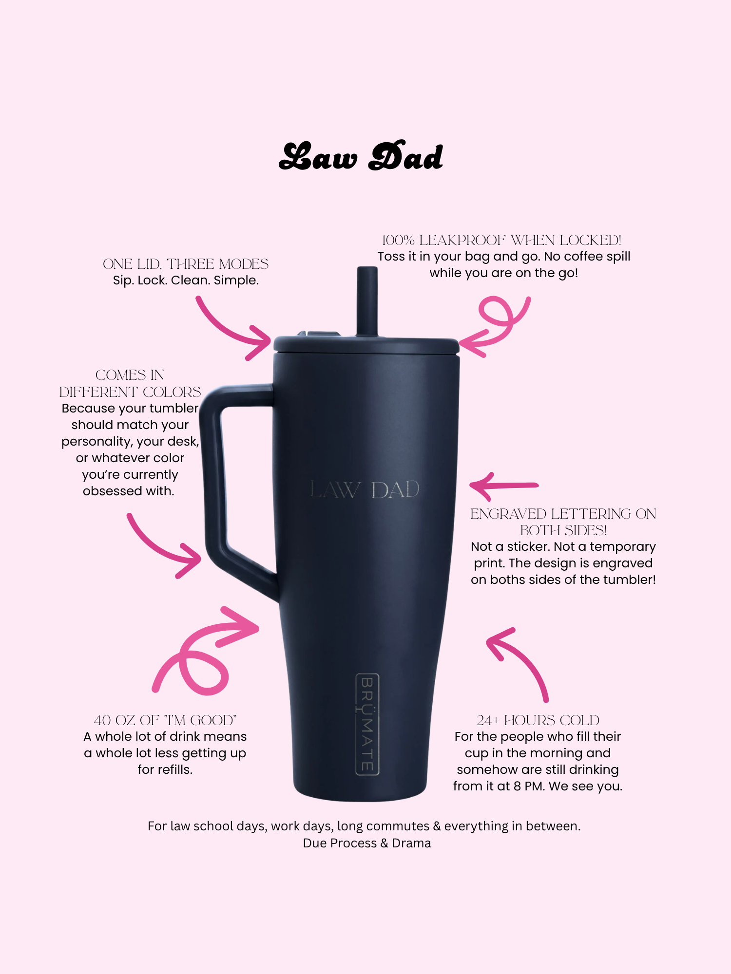 Close-up of Law Dad engraving in a different lettering style on an insulated tumbler