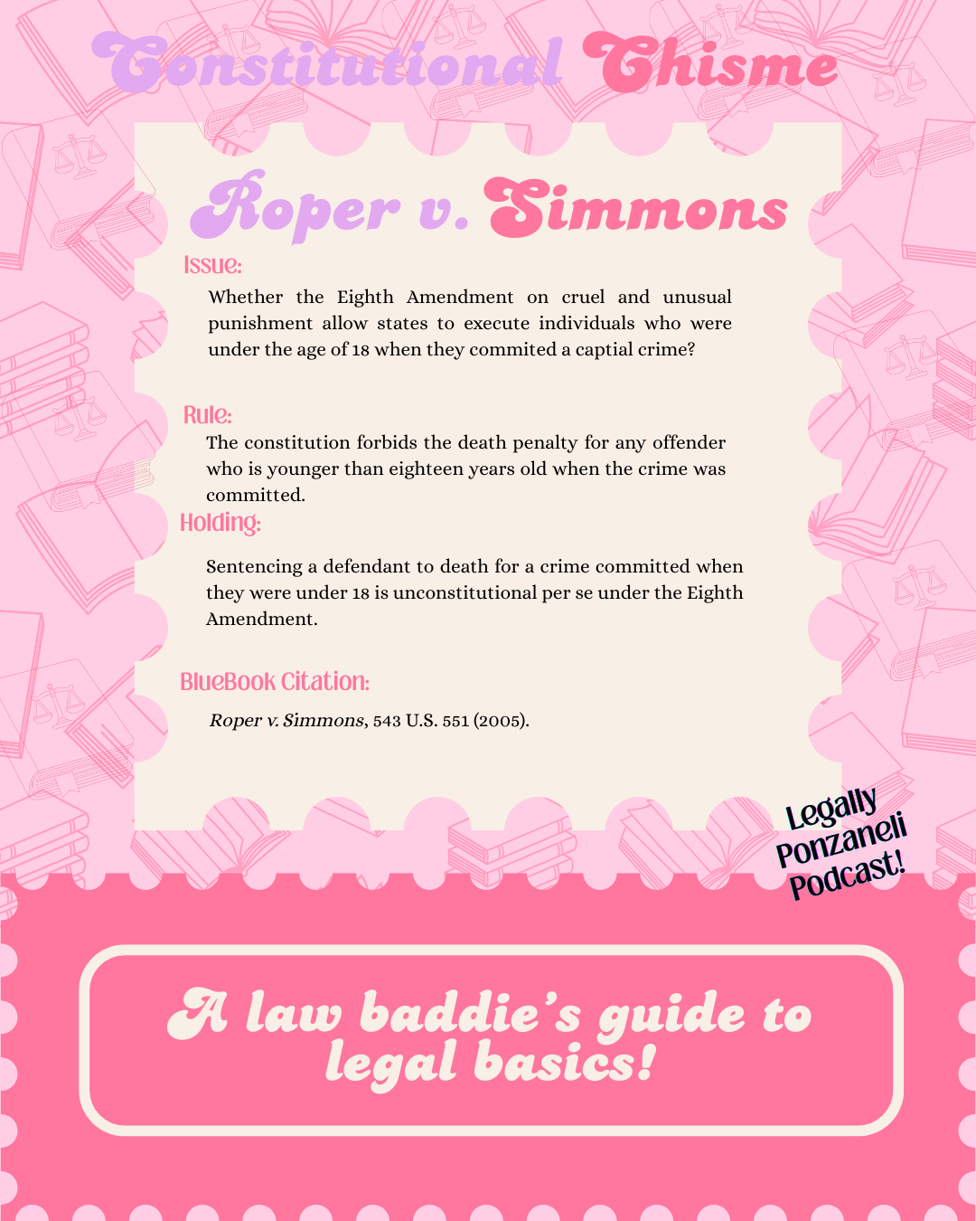 Pink-themed educational poster titled 'Constitutional Thisme Roper v. Simmons', discussing the issue of the Eighth Amendment on executing individuals under 18, with sections labeled 'Rule', 'Holding', and 'BlueBook Citation'. The poster also features a subtitle that reads 'A law baddie’s guide to legal basics!' and mentions 'Legally Ponzanei Podcast'. The background contains doodles of books, scales, and legal symbols.