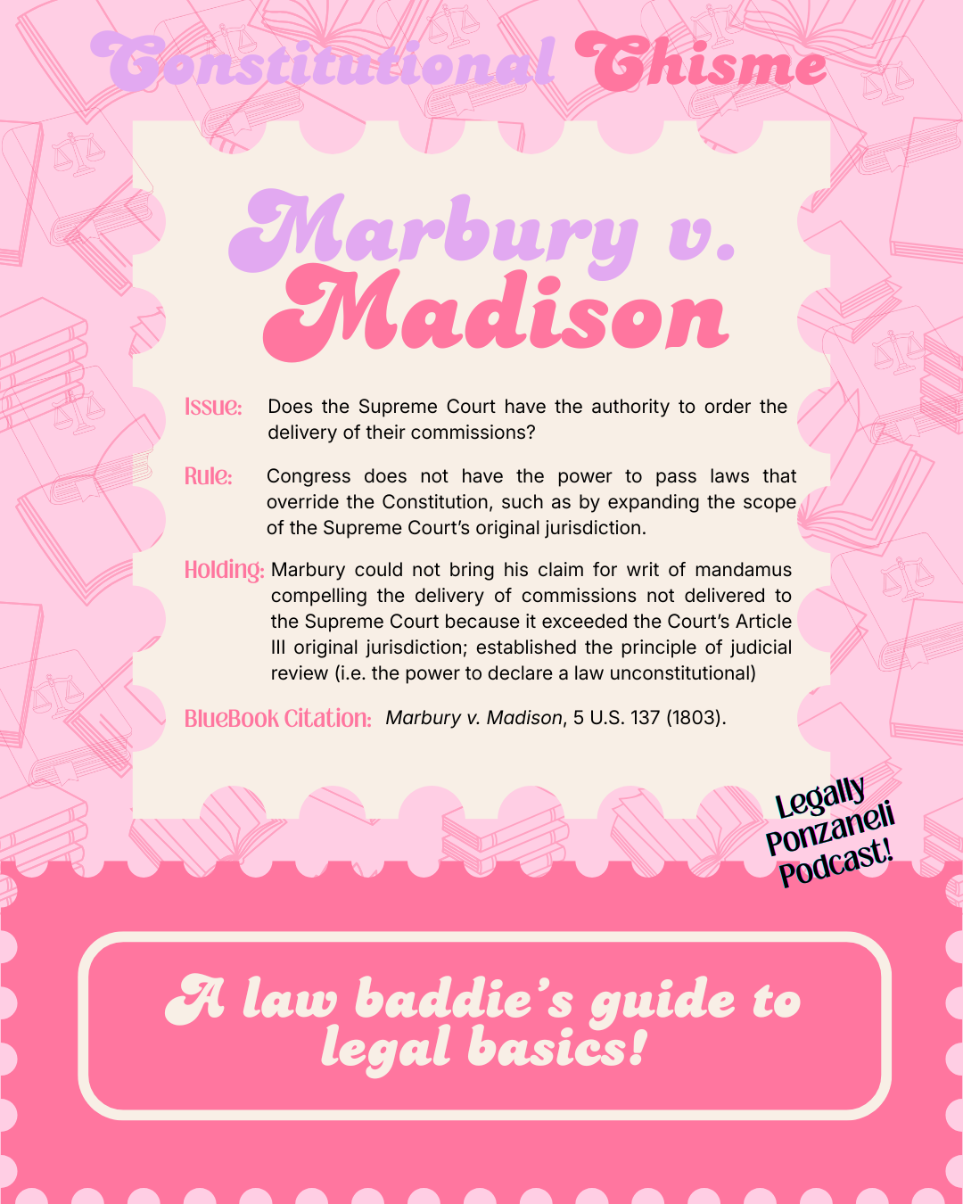 A pink educational poster titled "Constitutional Gisme" with the subtitle "Marbury v. Madison" in large purple and pink text. It includes legal references, issues, rules, holdings, and a citation related to the case. The background features a pattern of books and scales, and a pink banner at the bottom reads "A law baddie's guide to legal basics!" with a black text overlay stating "Legally Ponzanelli Podcast!".