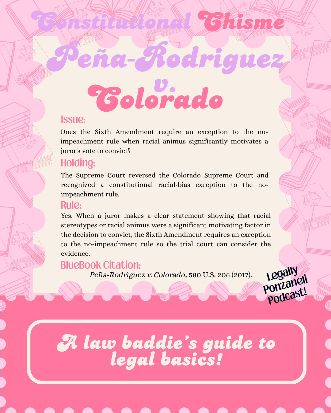 Peña-Rodriguez v. Colorado Supreme Court case explained in Constitutional Chisme, a Legally Ponzaneli law podcast episode covering juror racial bias and the Sixth Amendment.