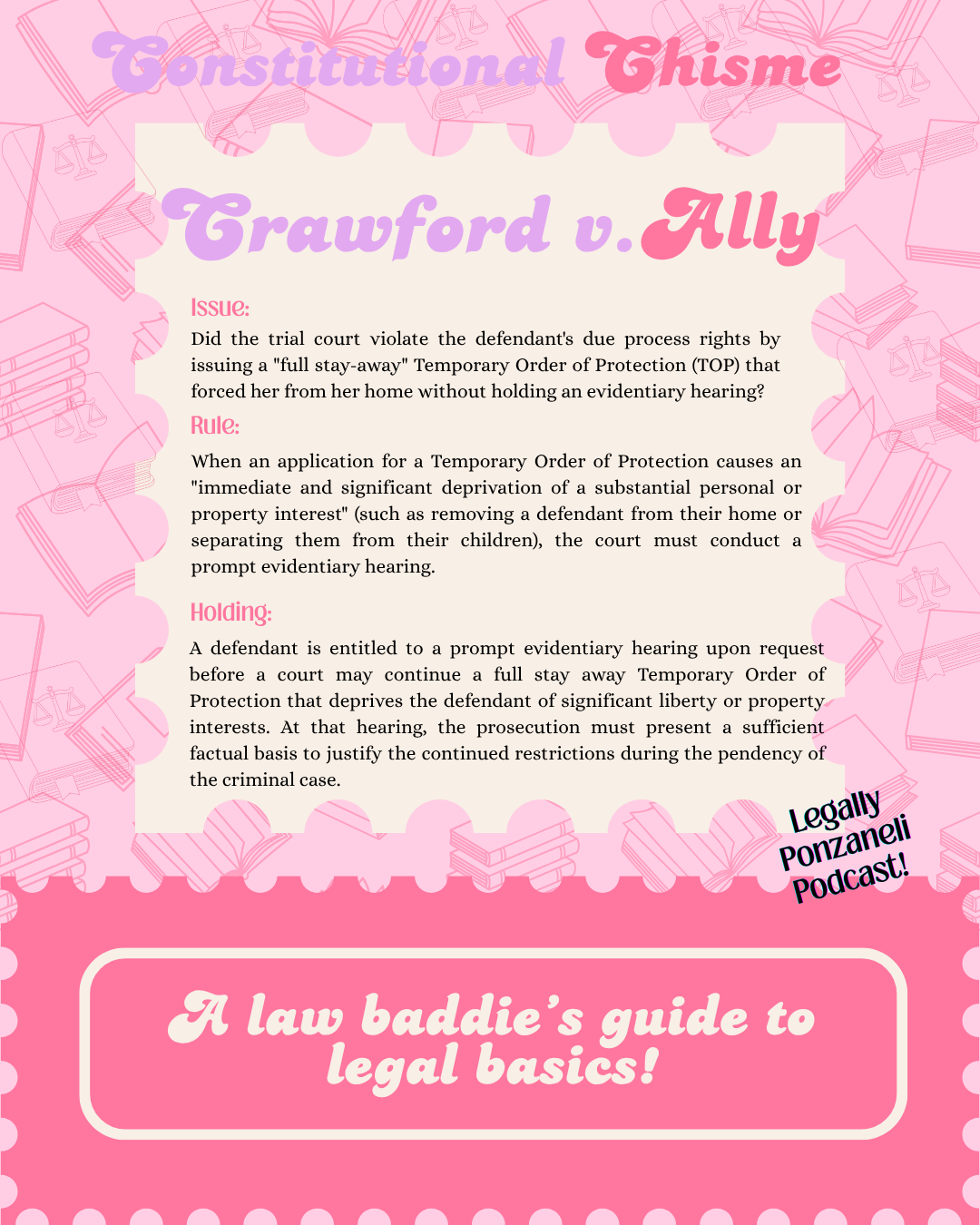 Pink legal-themed graphic with text about constitutional law, Crawford v. Ally issue and rule, and a pink banner with the phrase 'A law baddie’s guide to legal basics!', featuring a background with illustrations of books, scales, and legal symbols.