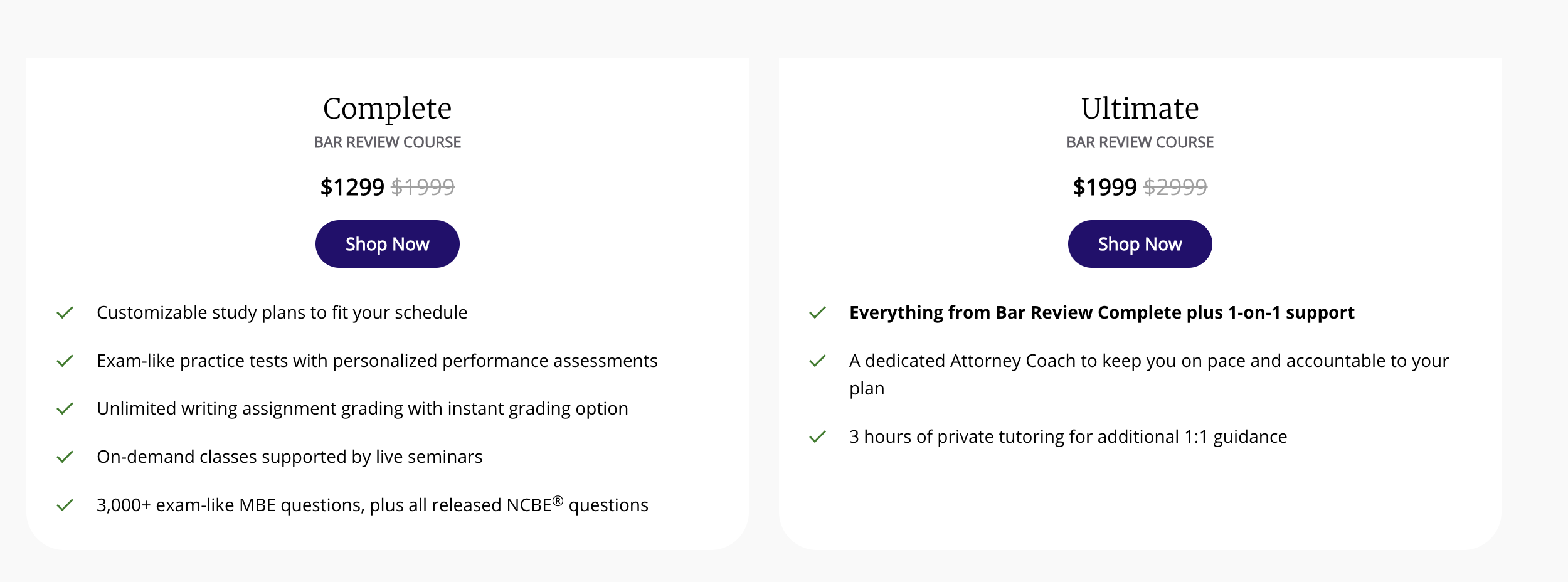Comparison of two bar review course packages, 'Complete' priced at $1299 with features listed, and 'Ultimate' priced at $1999 with additional features, both with 'Shop Now' buttons.