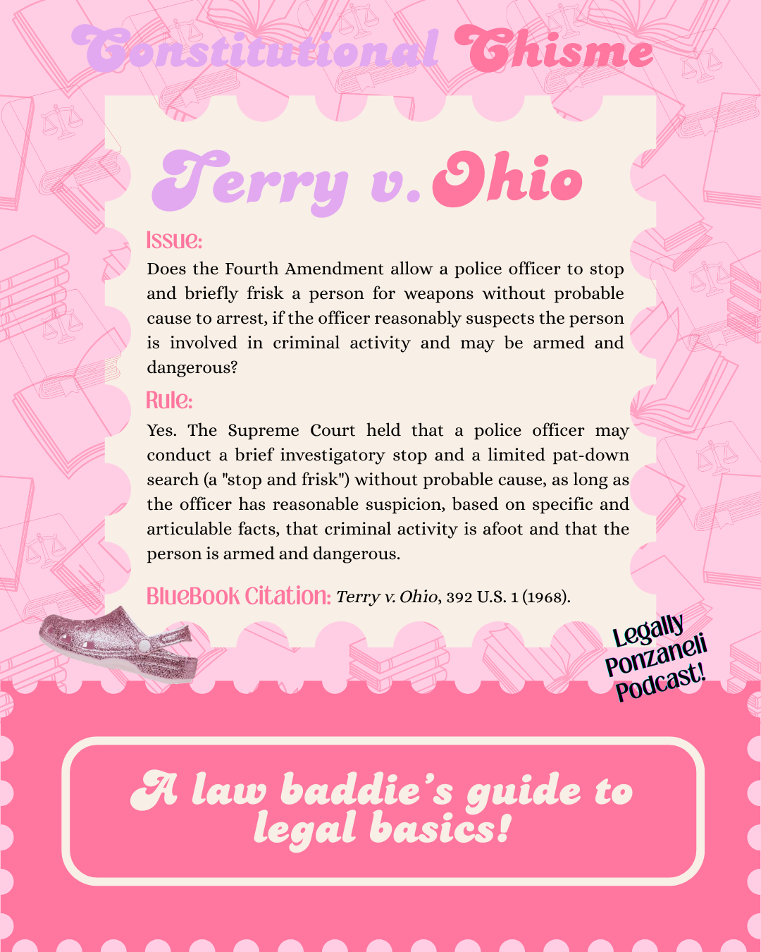 A pink-themed infographic with legal information about the Fourth Amendment, including questions about police stop and frisk practices, with references to the case Terry v. Ohio, and featuring a small image of a shoe and a label from the "Legally Ponzanelli Podcast".