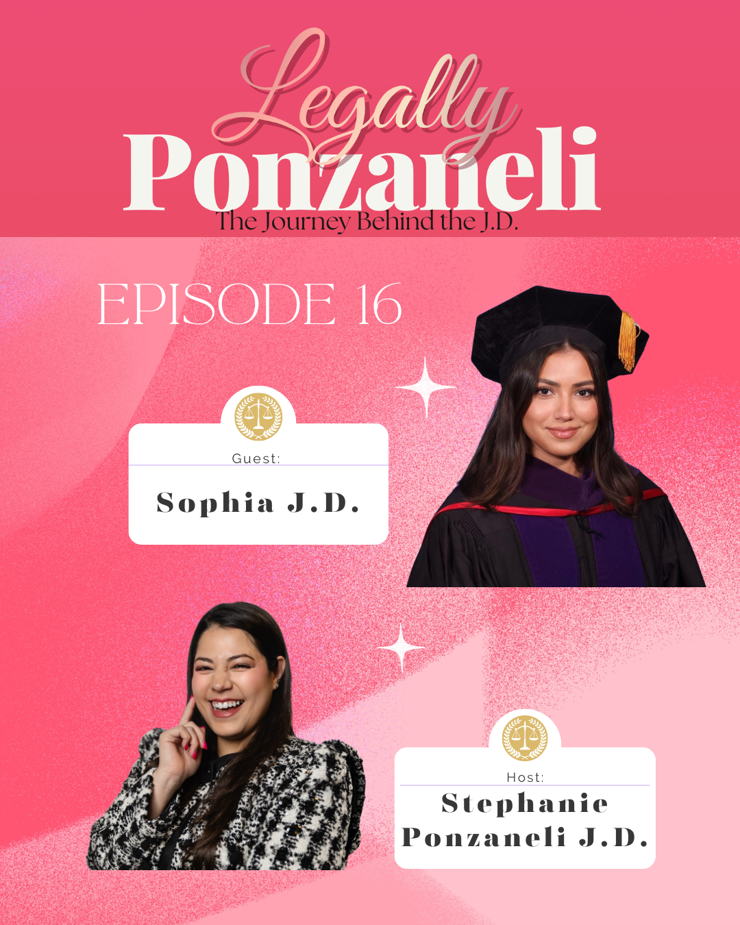 Podcast cover art for 'Legally Ponzanelli,' featuring host Stephanie Ponzanelli J.D., and guest Sophia J.D. Episode 16 with pink background, images of the host and guest, and legal scale icons.