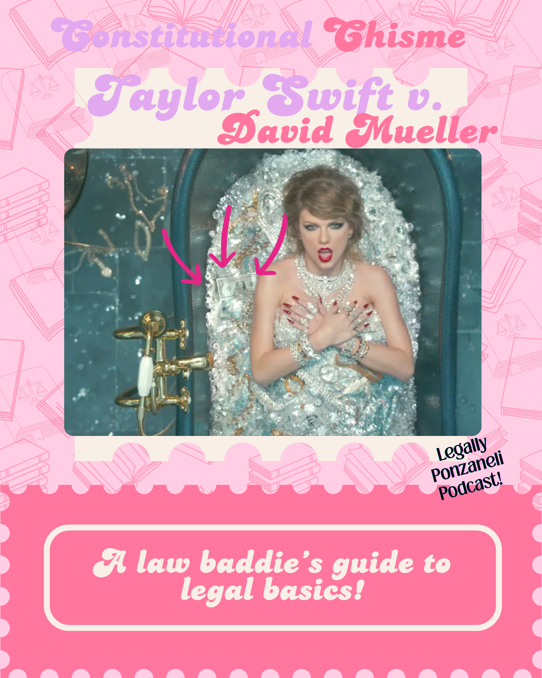 A woman with blonde hair and dramatic makeup sitting in a bathtub filled with bubbles and jewelry, with her hands on her chest. The background is decorated with sparkles and jewelry, and there are pink and purple text overlays referencing a legal podcast, with the title 'Constitutional Thisme Taylor Swift v. David Mueller,' and a caption 'A law baddie's guide to legal basics!'