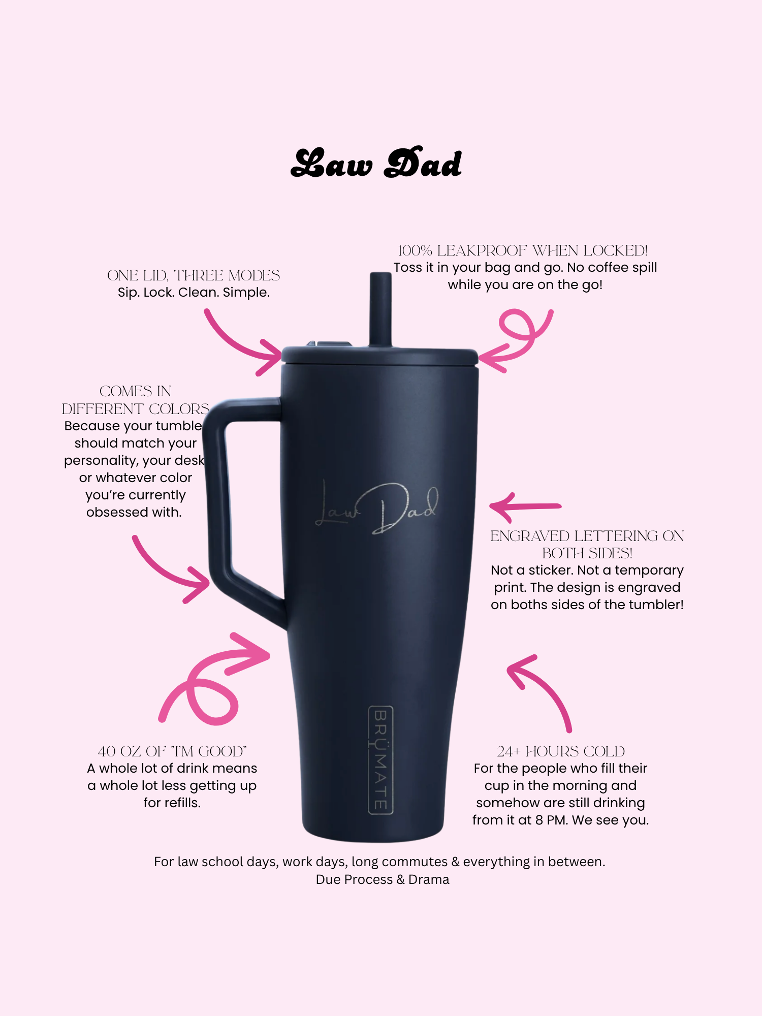 40 oz Law Dad tumbler with engraved lettering and durable powder-coated finish