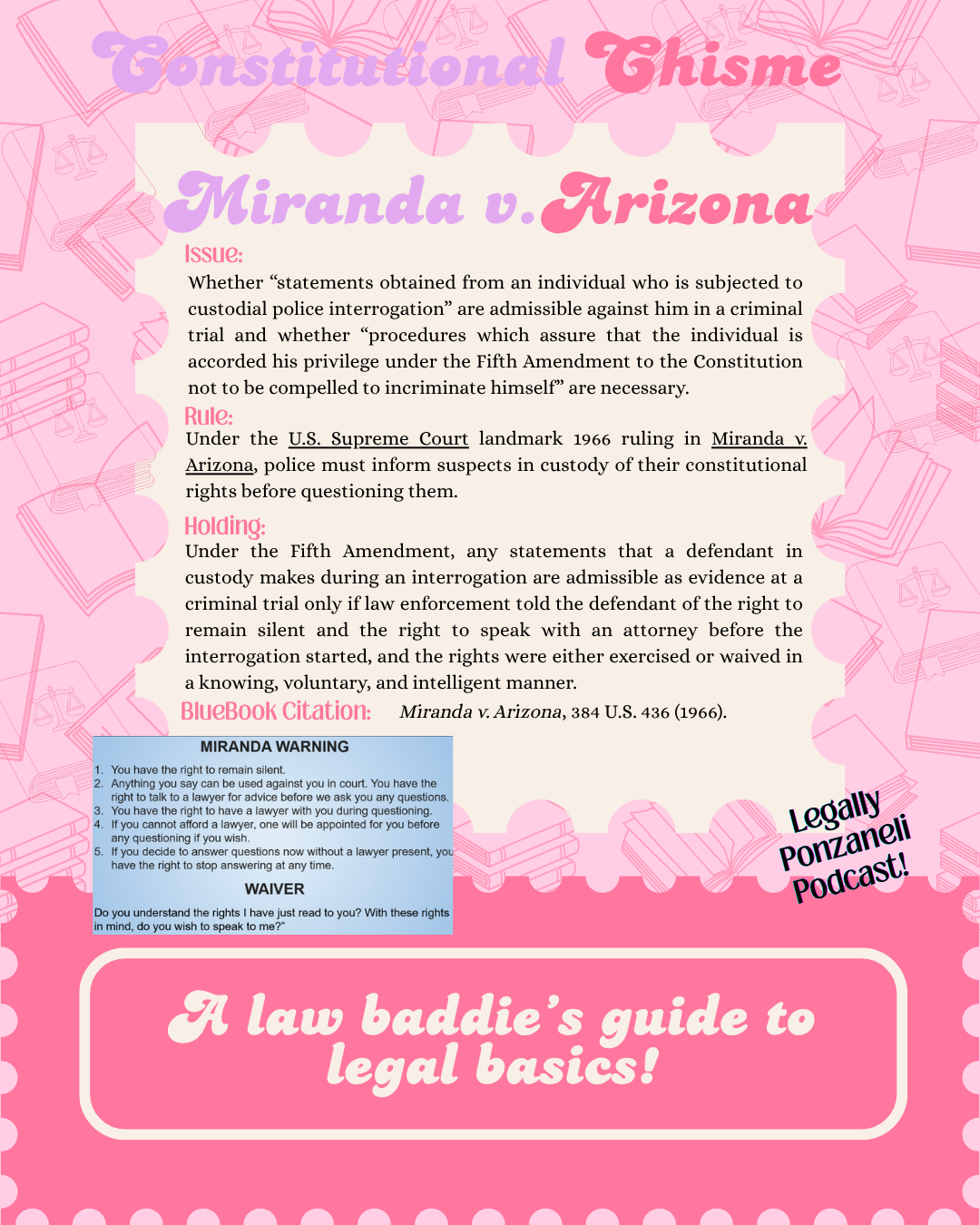 Pink informational graphic with legal themes, titled 'Constitutional Ghisne Miranda v. Arizona,' discussing legal procedures and rights of individuals during police custody, featuring sections on issue, rule, holding, and a BlueBook citation, with a blue box containing warnings about miranda rights and advisories.