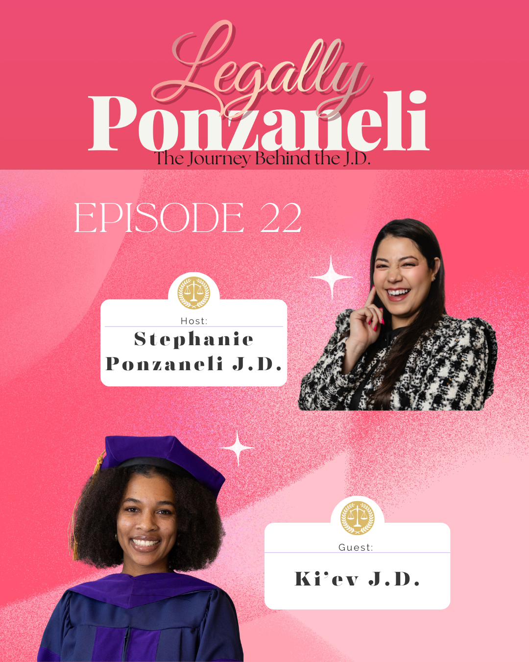 Promotional graphic for the podcast 'Legally Ponzanelli,' Episode 22, hosted by Stephanie Ponzanelli J.D. featuring guest Ki'ev J.D. with a pink background and pictures of two smiling women, one wearing a graduation cap and gown.