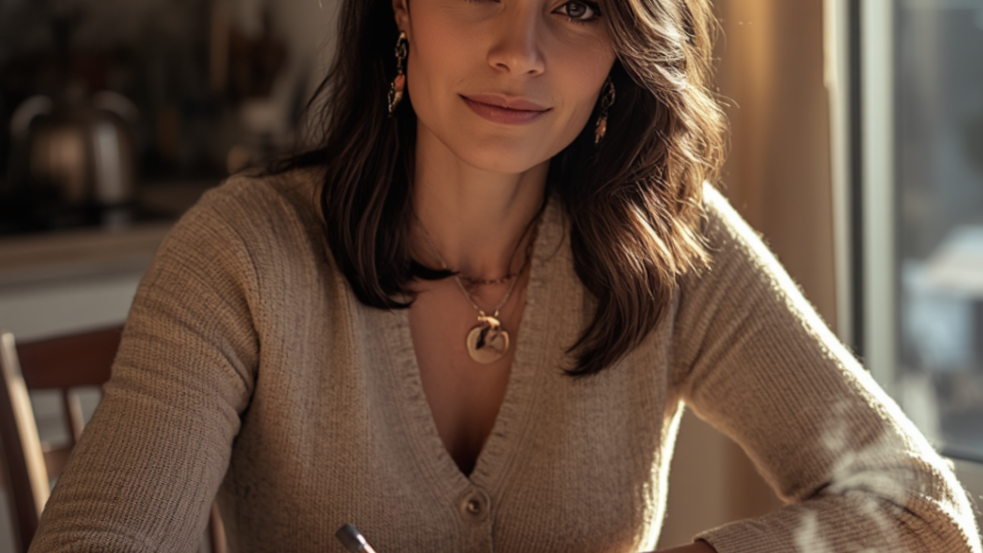 A woman with shoulder-length brown hair wearing a beige sweater, layered necklaces, and earrings, sitting near a window with sunlight illuminating her face in a cozy interior scene.
