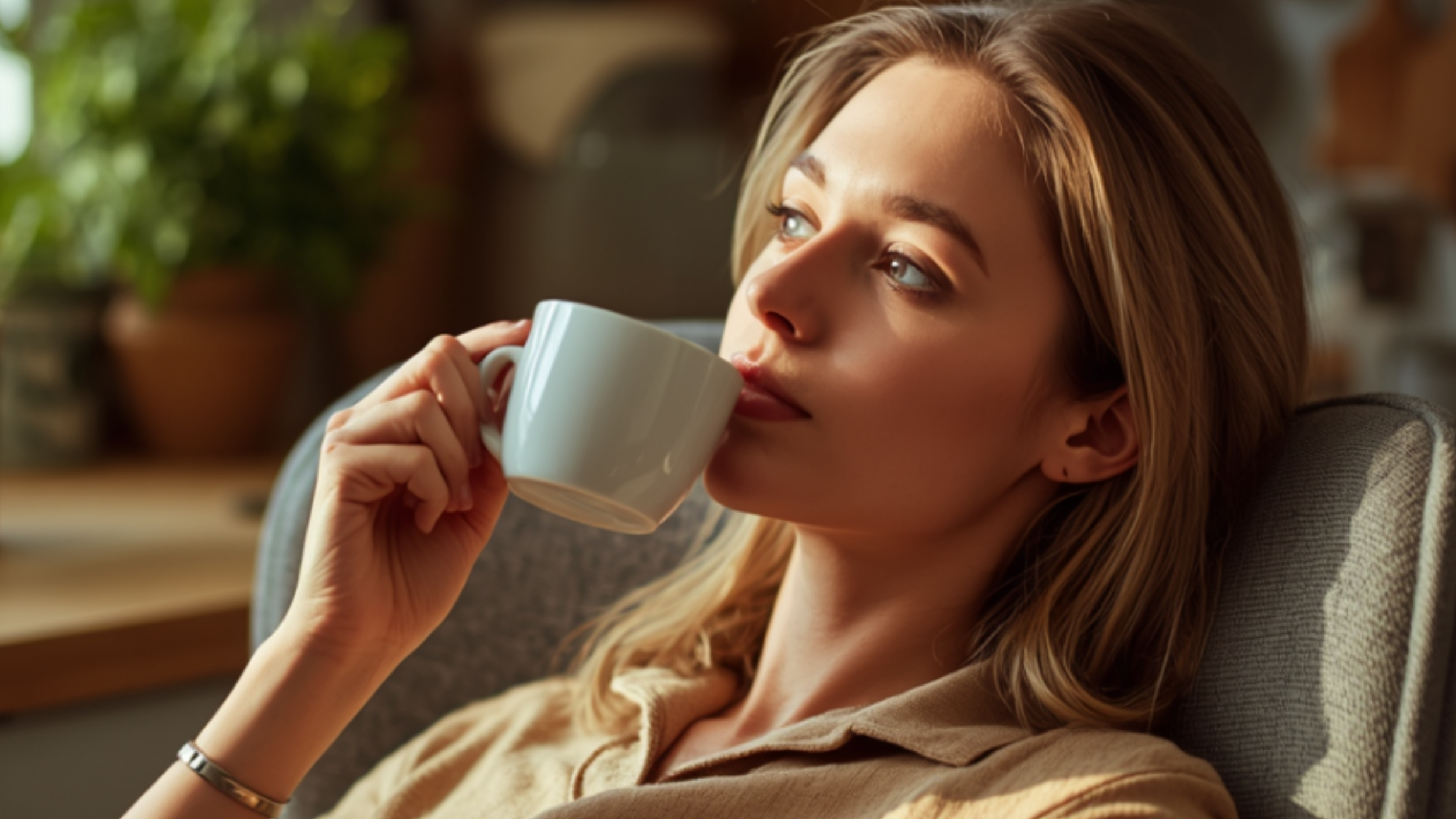 A woman with blonde hair and blue eyes drinking from a white mug in a cozy, warmly lit room with a plant in the background.