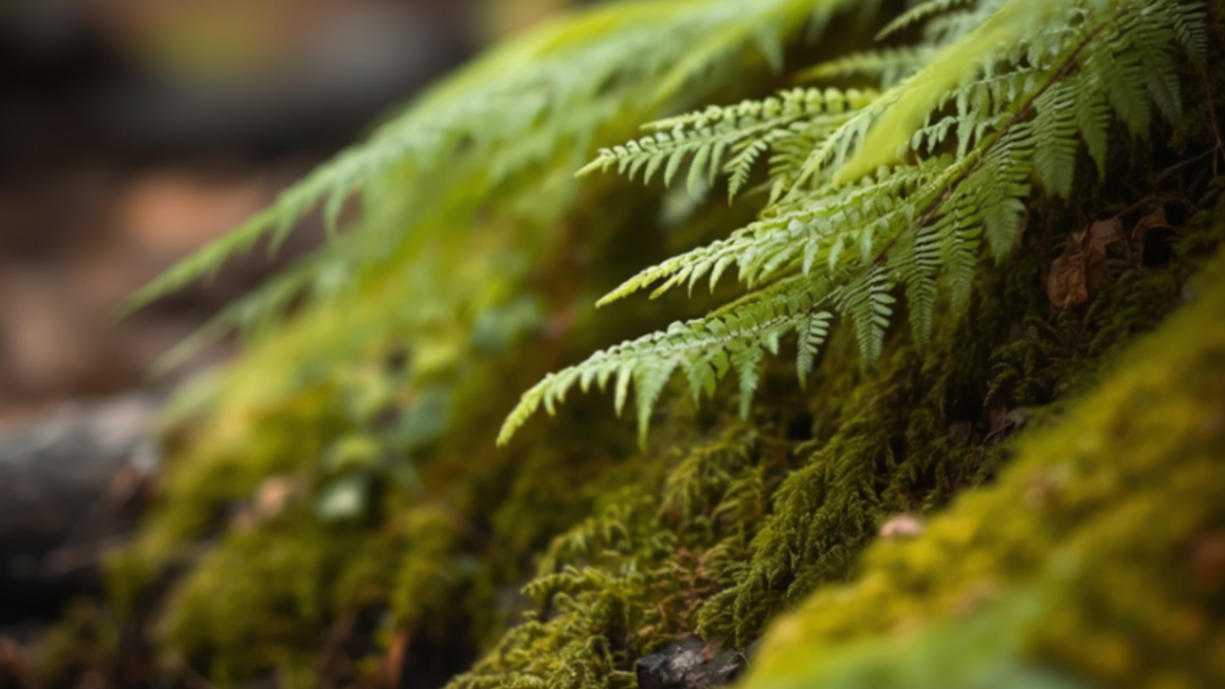 Close-up of green fern leaves growing on a moss-covered log in a forest.