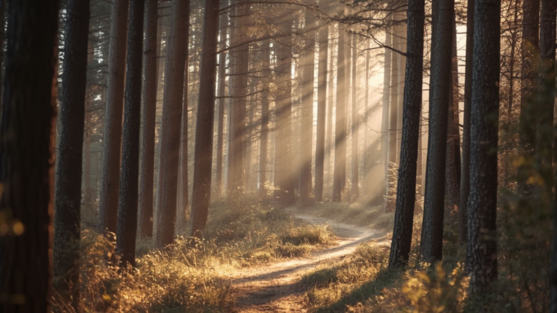 Sunlight rays shining through tall trees in a dense forest with a narrow dirt path.