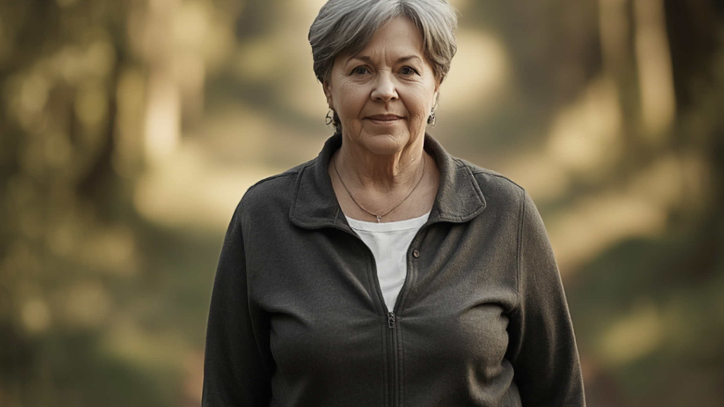 An elderly woman with short gray hair walking outdoors in a park during fall, wearing a black zip-up jacket over a white shirt.