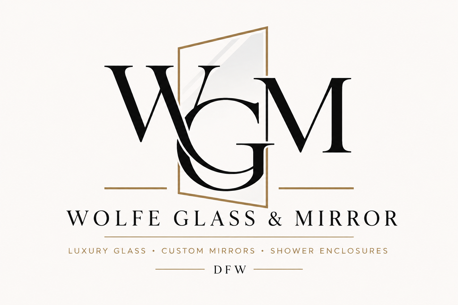 Logo for Wolfe Glass & Mirror featuring stylized initials W G M inside a mirror outline with text about luxury glass, custom mirrors, and shower enclosures, located in DFW.
