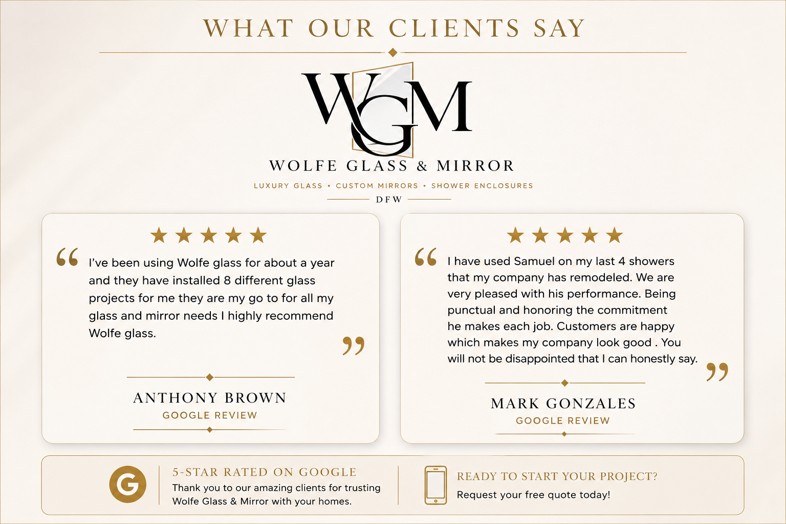 A website homepage for Wolfe Glass & Mirror, showcasing customer reviews and services including luxury glass, custom mirrors, and shower enclosures. The reviews highlight positive customer experiences with images of five gold stars, 5-star ratings, and a note to request a quote for projects.