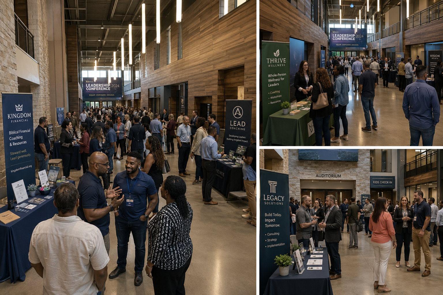 Attendees networking and exploring booths at the 2027 Live2Lead Conference held in a large, modern conference hall with wooden and stone interior design, displaying various banners and signs for different organizations and sponsors.
