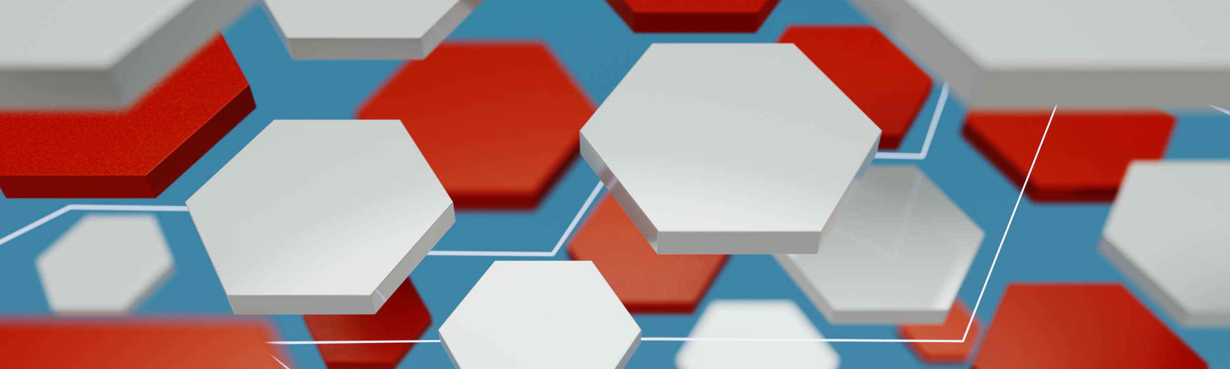 Abstract 3D digital illustration of interconnected white and red hexagons on a blue background.