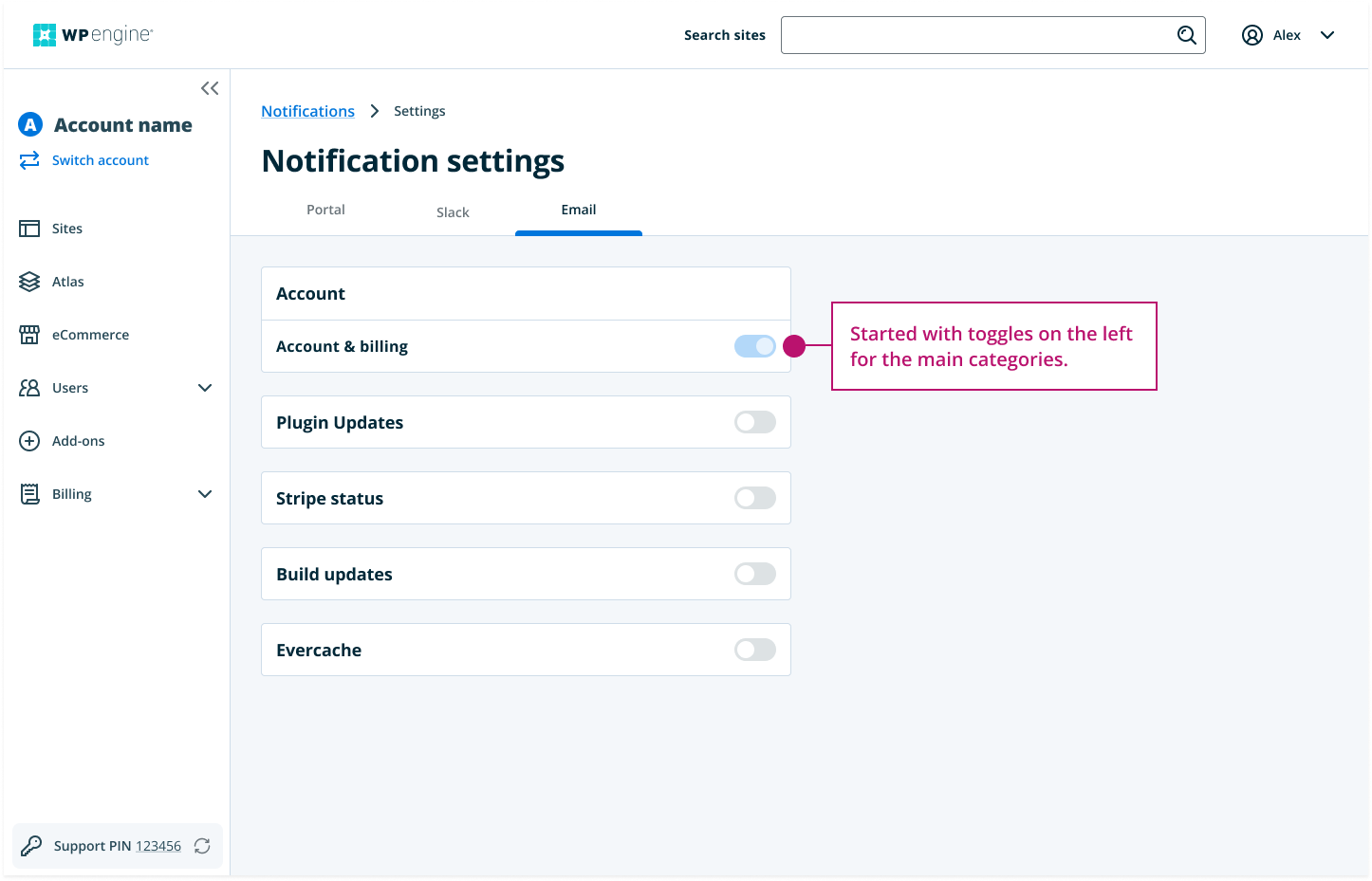 Started with toggles on the left 
for the main categories.