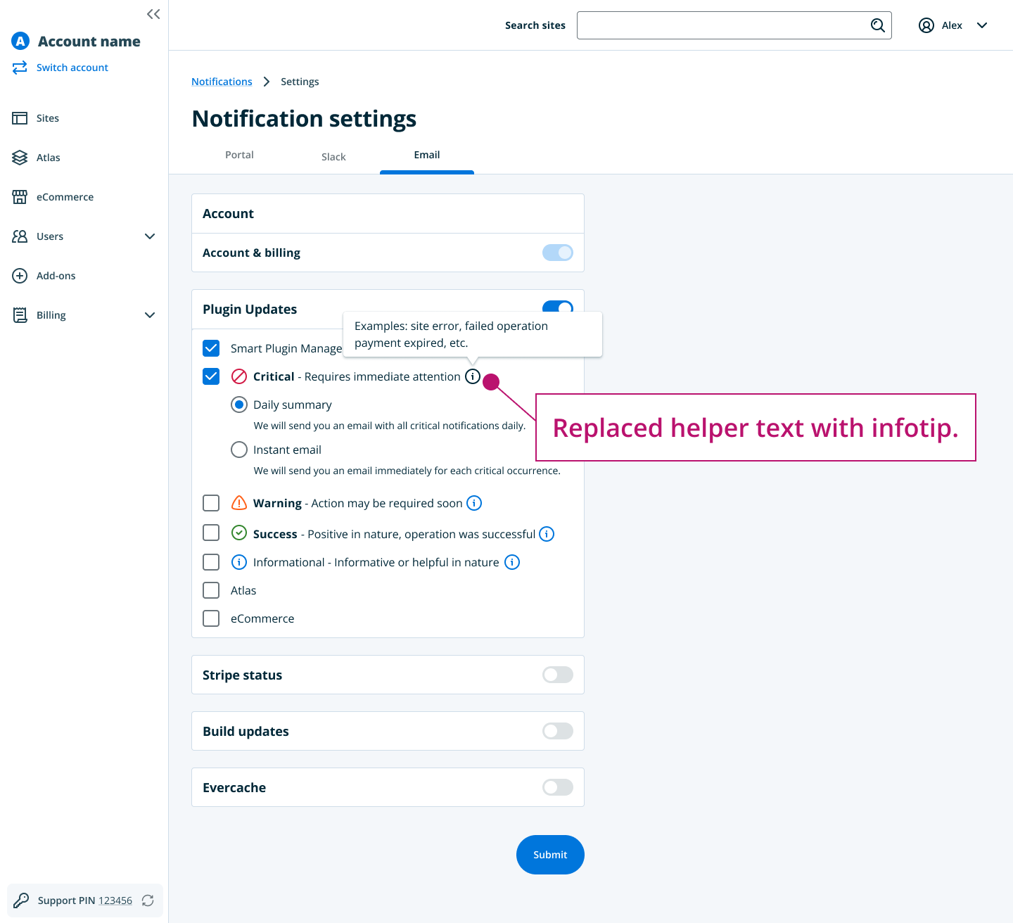 Replaced helper text with infotip.