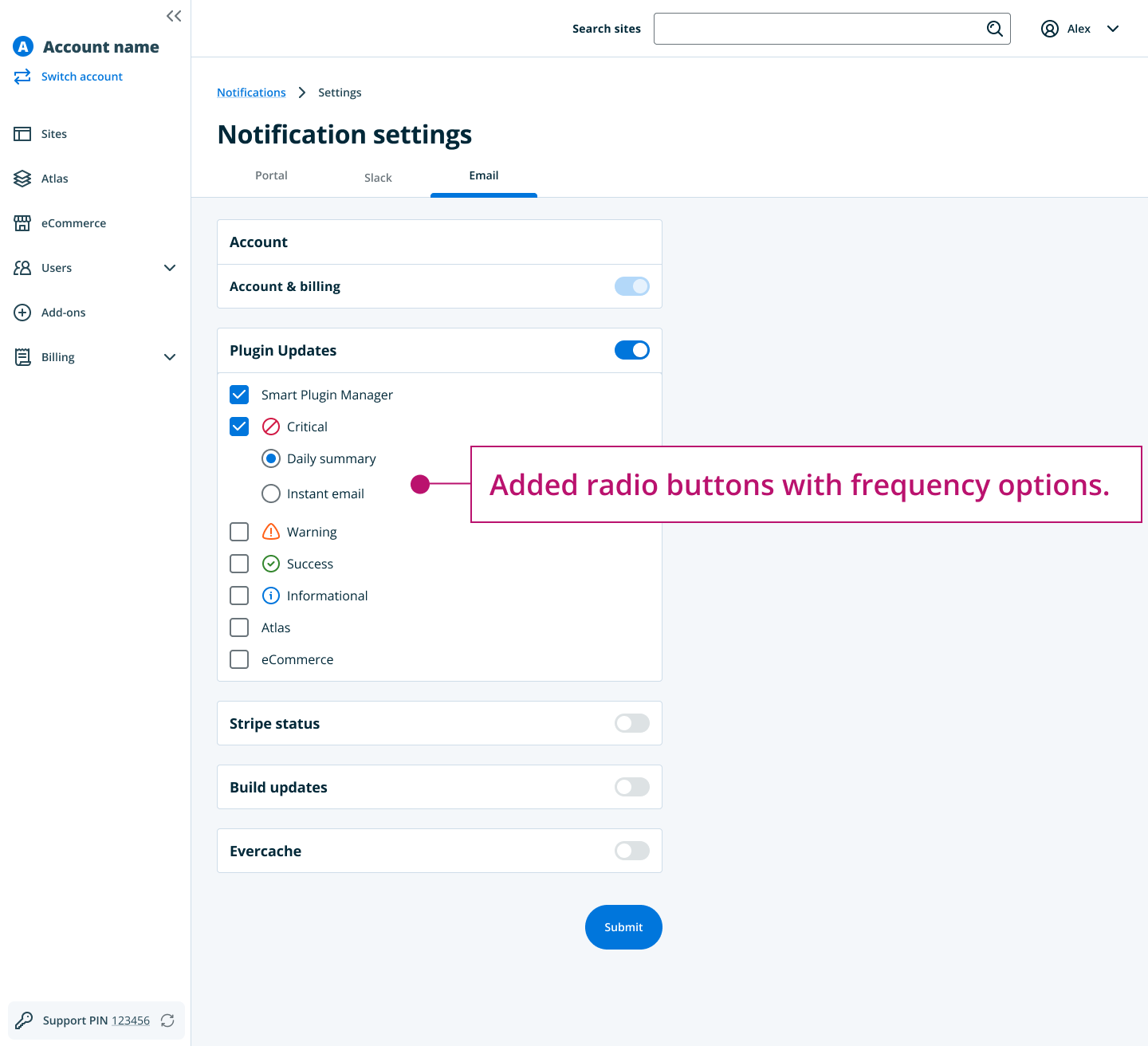Added radio buttons with frequency options.