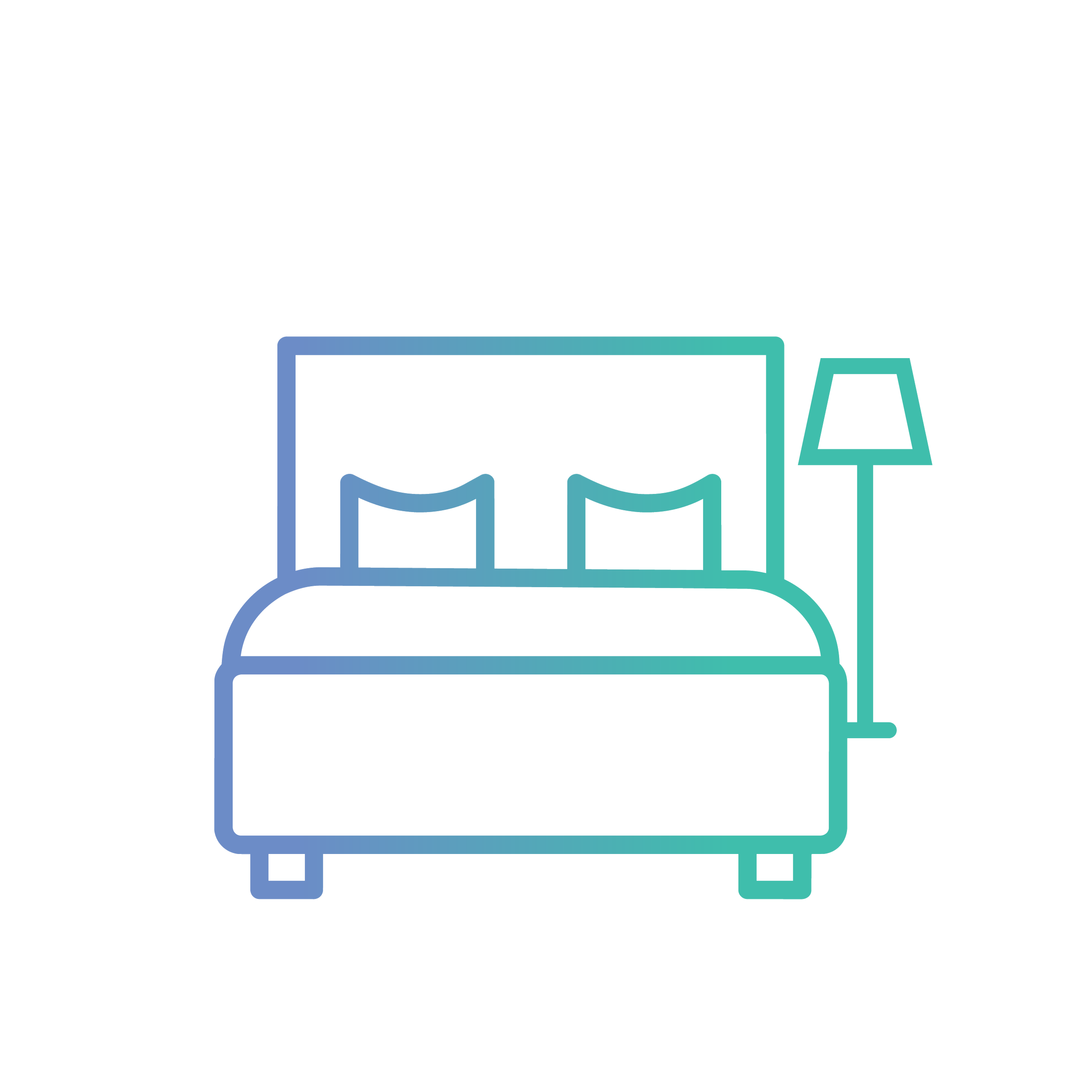 Colorful outline drawing of a bed with two pillows, a bedside table with a lamp, and a small side table, in light blue and green shades.