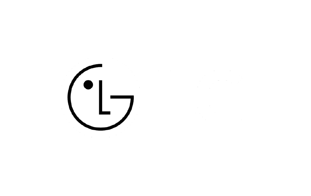 LG logo in black and white with a stylized face inside the circular part of the logo.