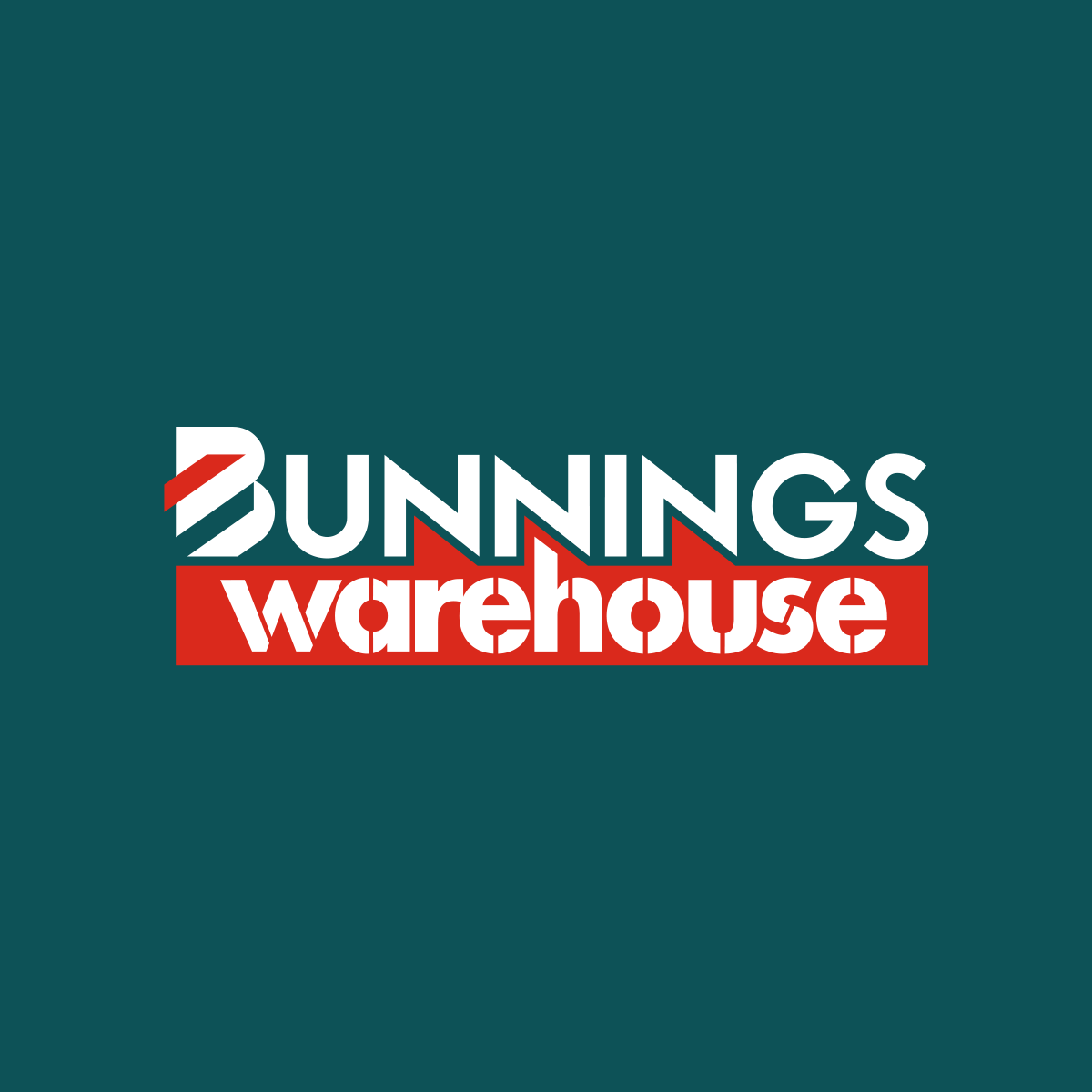 Bunnings Warehouse logo with white and red text on a dark teal background.