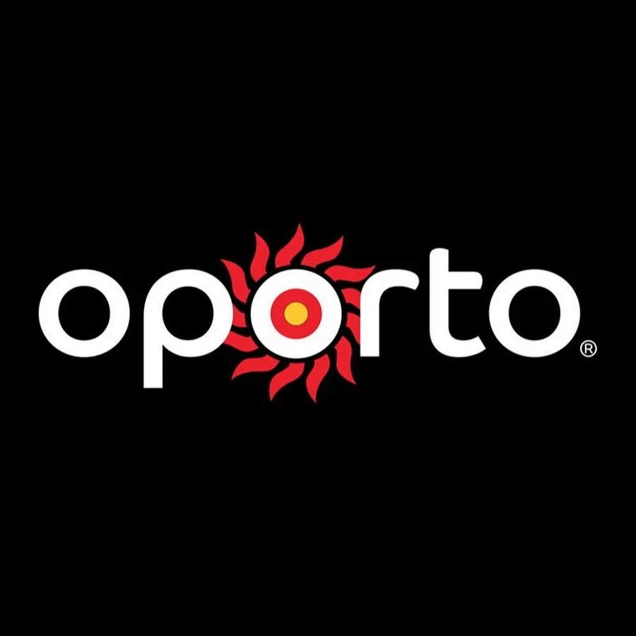 Logo for Oporto with stylized sun surrounding the 'o' and a black background.