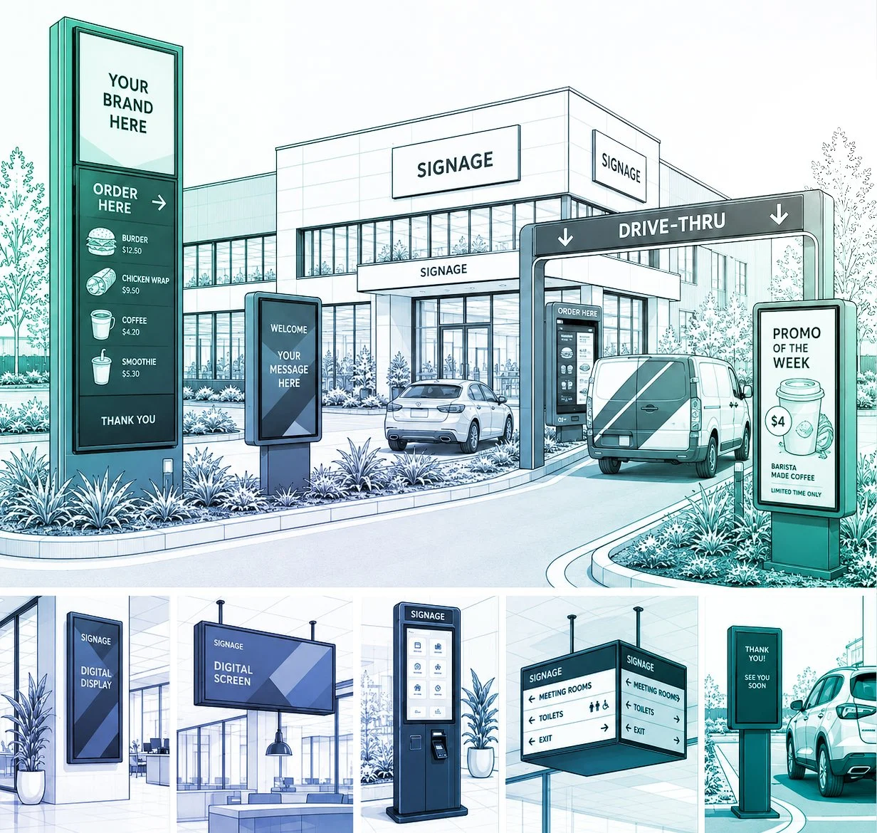 Illustration of a modern drive-thru and digital signage setup at a fast food restaurant, with menu boards, digital screens, and informational signs.