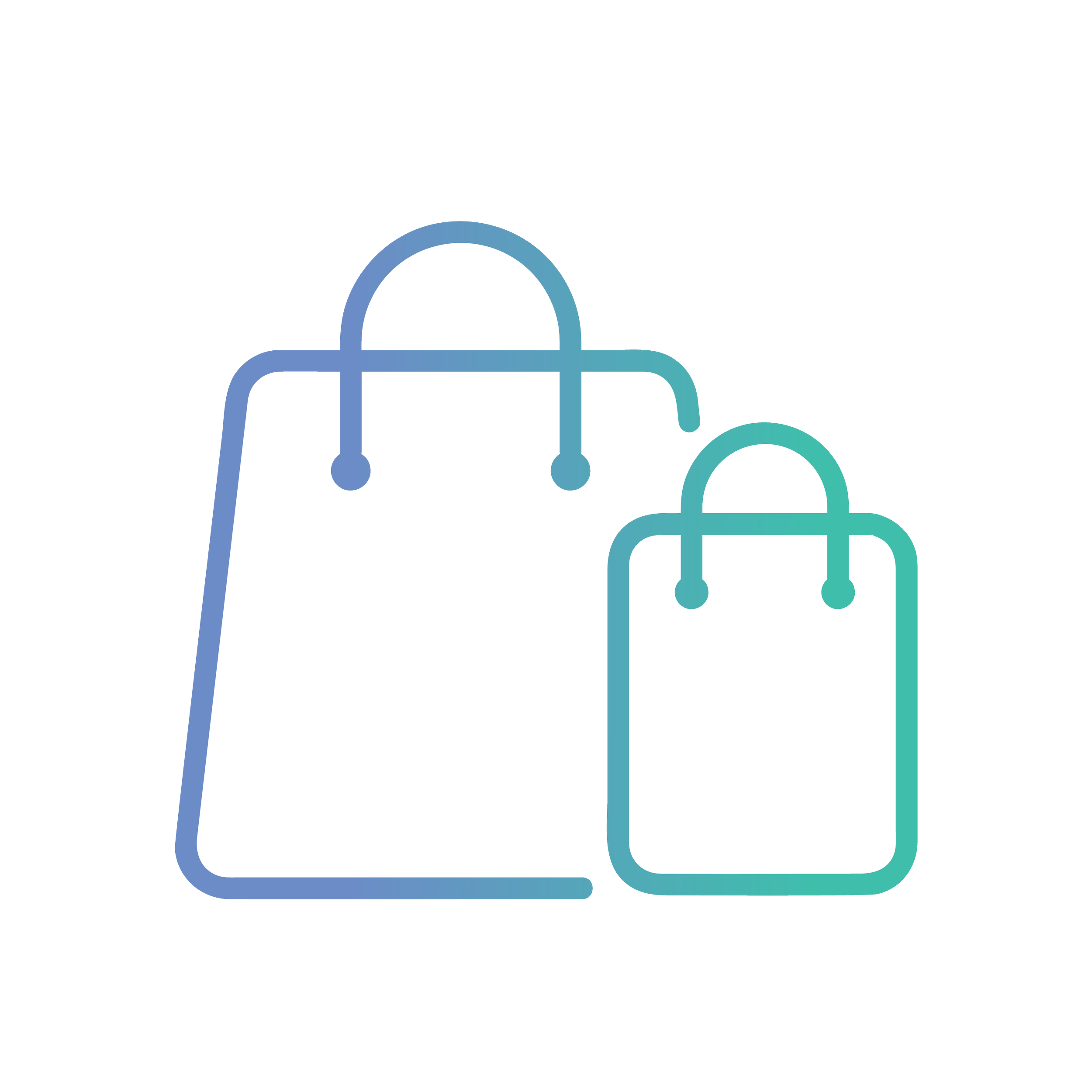 Multiple overlapping white shopping bags with handles, outlined in blue and green, on a black background.