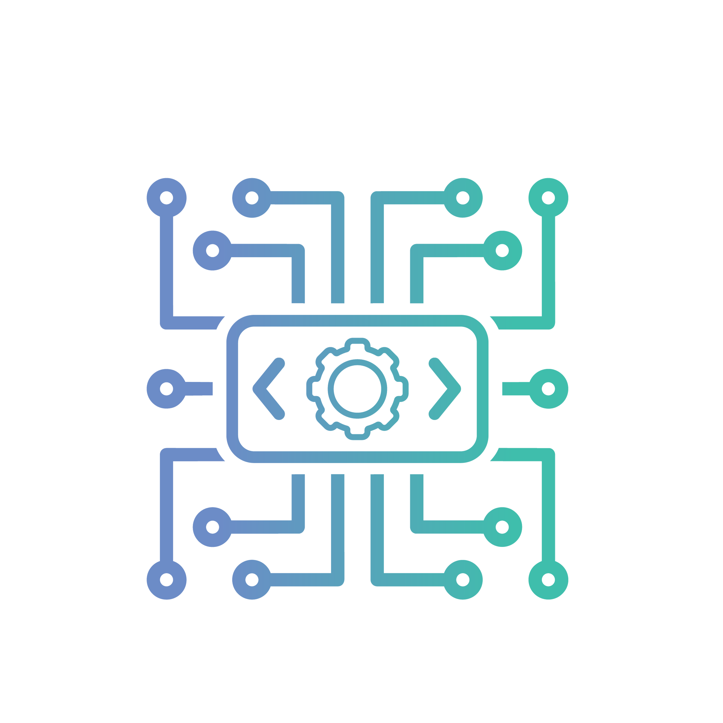 Illustration of a human head with gear inside, connected to circuit board lines, representing technology or artificial intelligence.