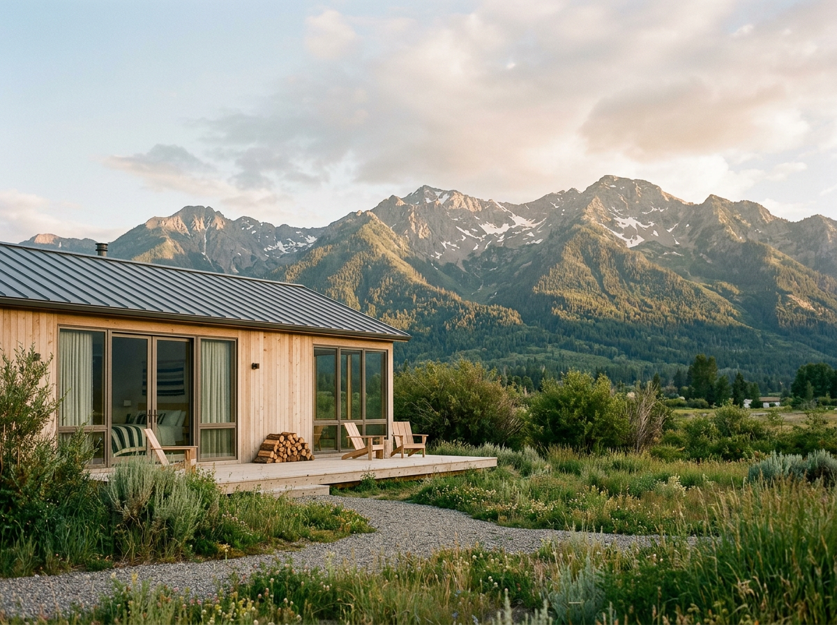 A modern wooden house with large glass doors and a metal roof, surrounded by green plants and trees, with mountains in the background during sunset.