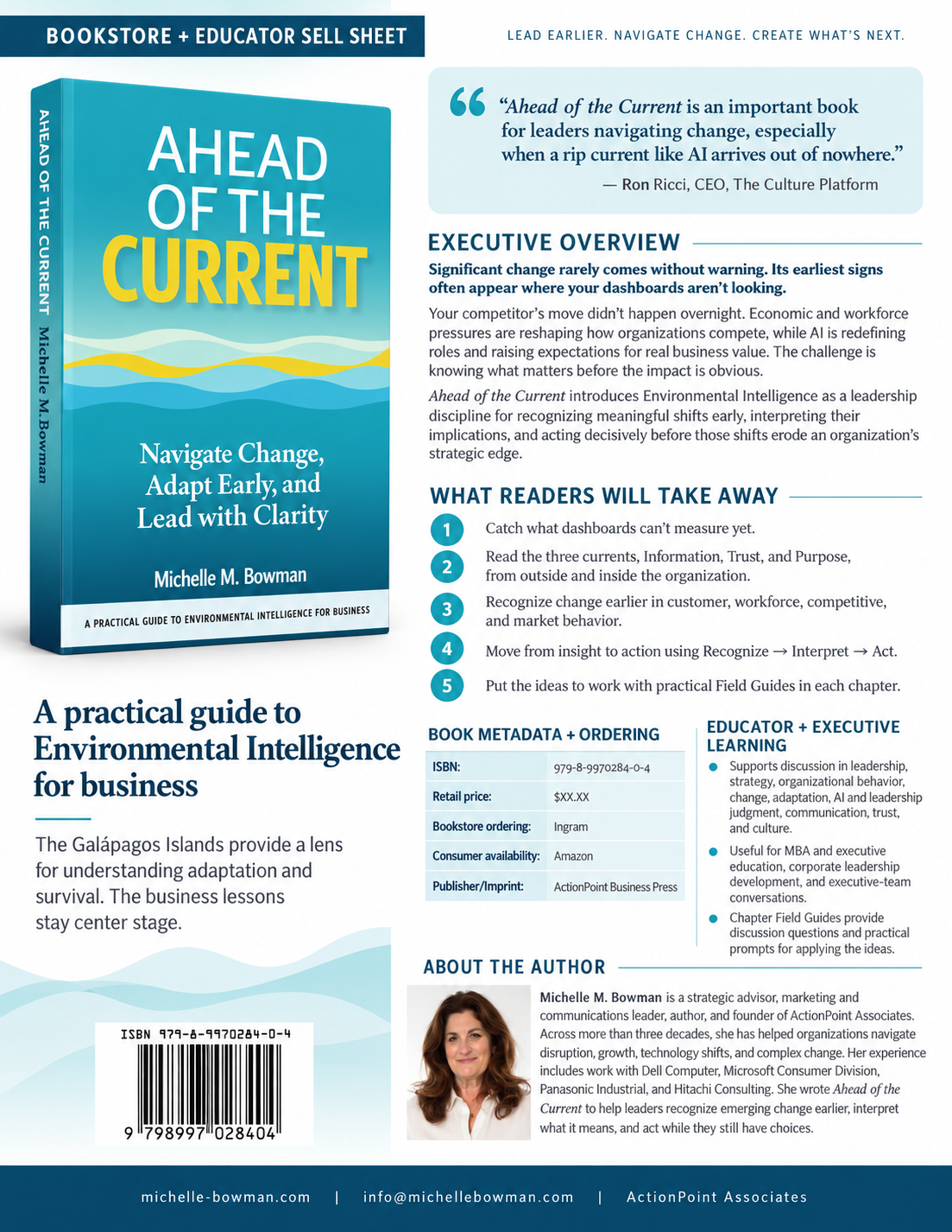 A book titled "Ahead of the Current: Navigate Change, Adapt Early, and Lead with Clarity" by Michelle M. Bowman, a good business book and field guide to Environmental Intelligence about information, trust and purpose currents in a company