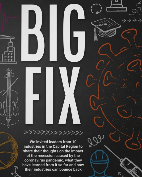 Cover titled 'Big Fix' on impacts of coronavirus recession on industries including healthcare.