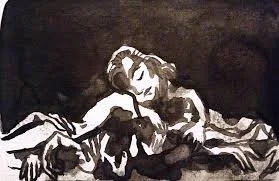 Black and white painting of a woman lying down next to a dog, both resting.