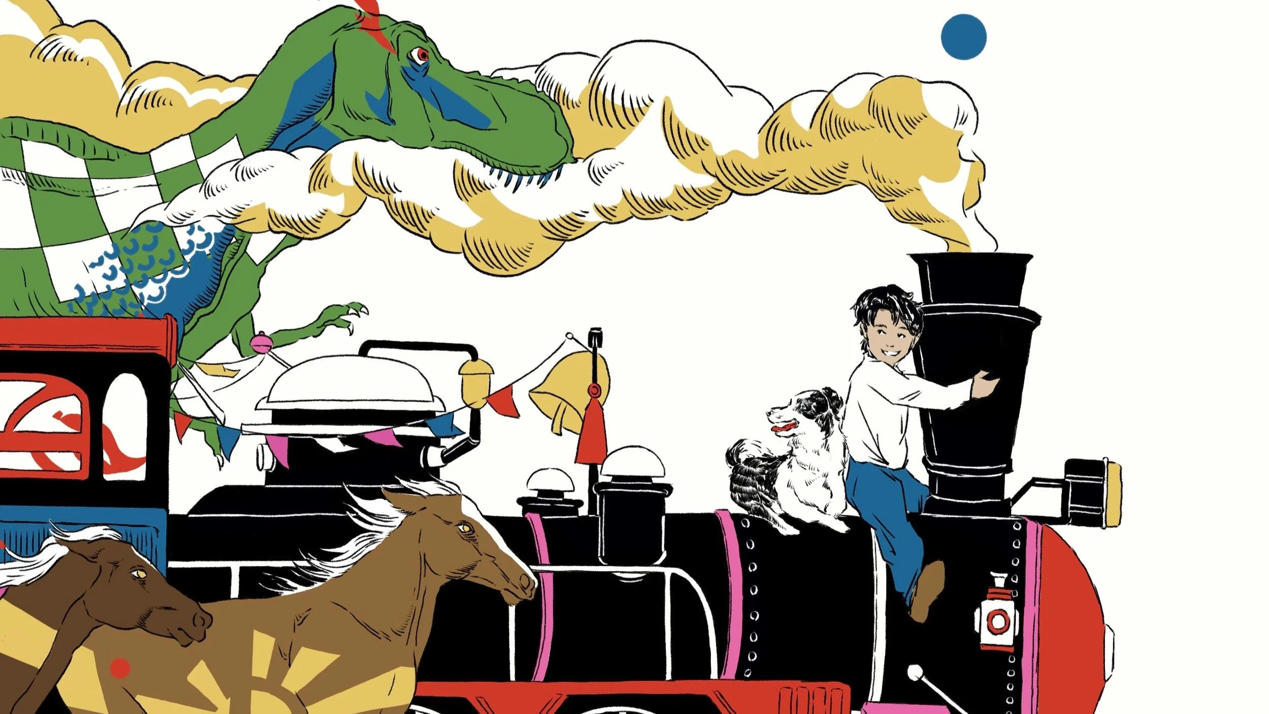 Colorful illustration of a steam train with people and animals, including a boy with a dog, a girl on the train, a green dragon, and horses, traveling through a whimsical landscape with clouds and a blue circle in the sky.