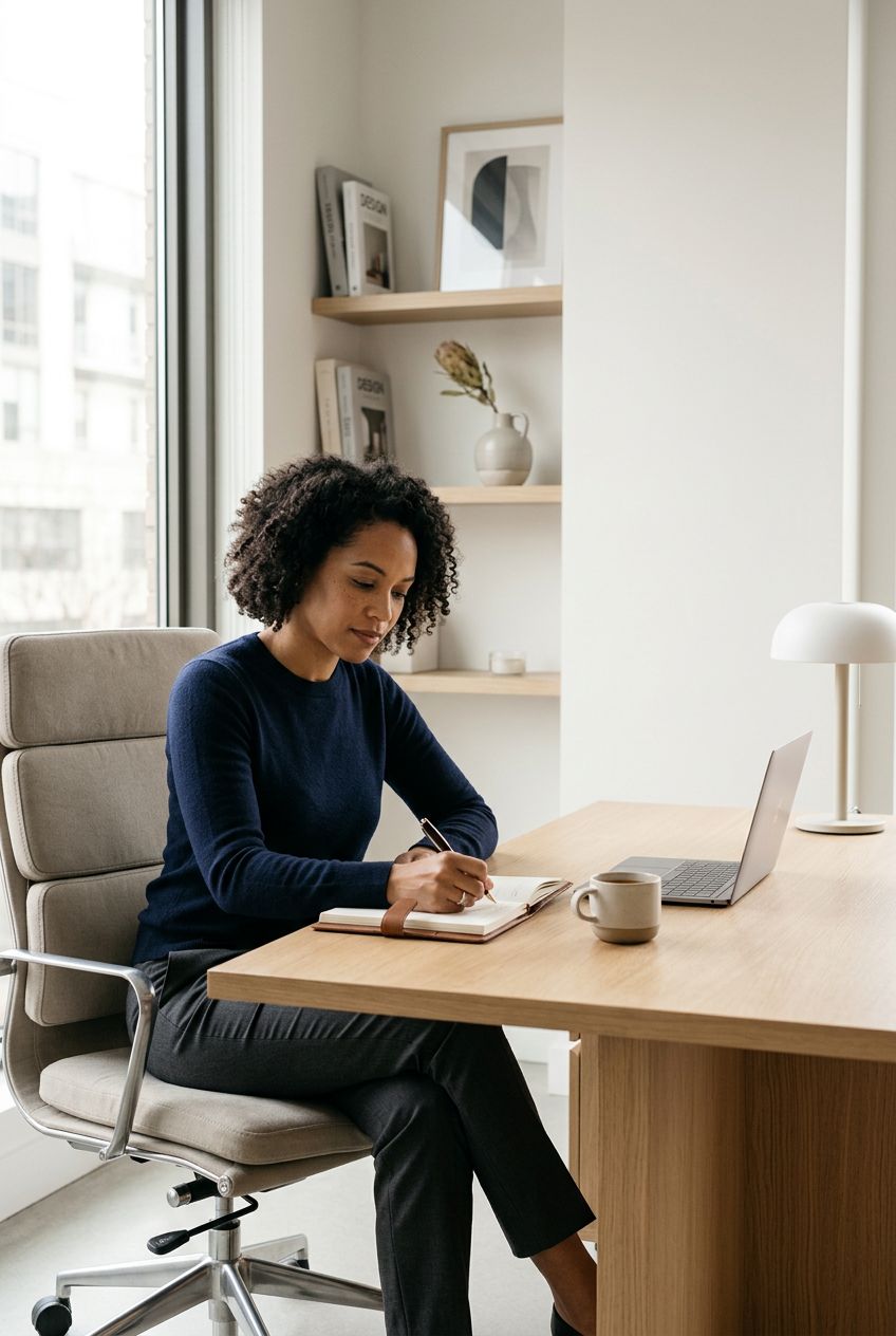 A woman with curly hair sitting at a desk, writing in a notebook, with a laptop and a cup nearby, in a bright office space with shelves and framed artwork.
