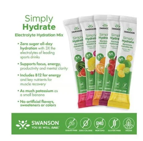 Packaging for Swanson Simply Hydrate electrolyte hydration mix with lemon-lime flavor, five sachets displayed, ingredients listed on the wrapper, highlighting features like zero sugar, supports focus, includes B12, and no artificial flavors or sweeteners.