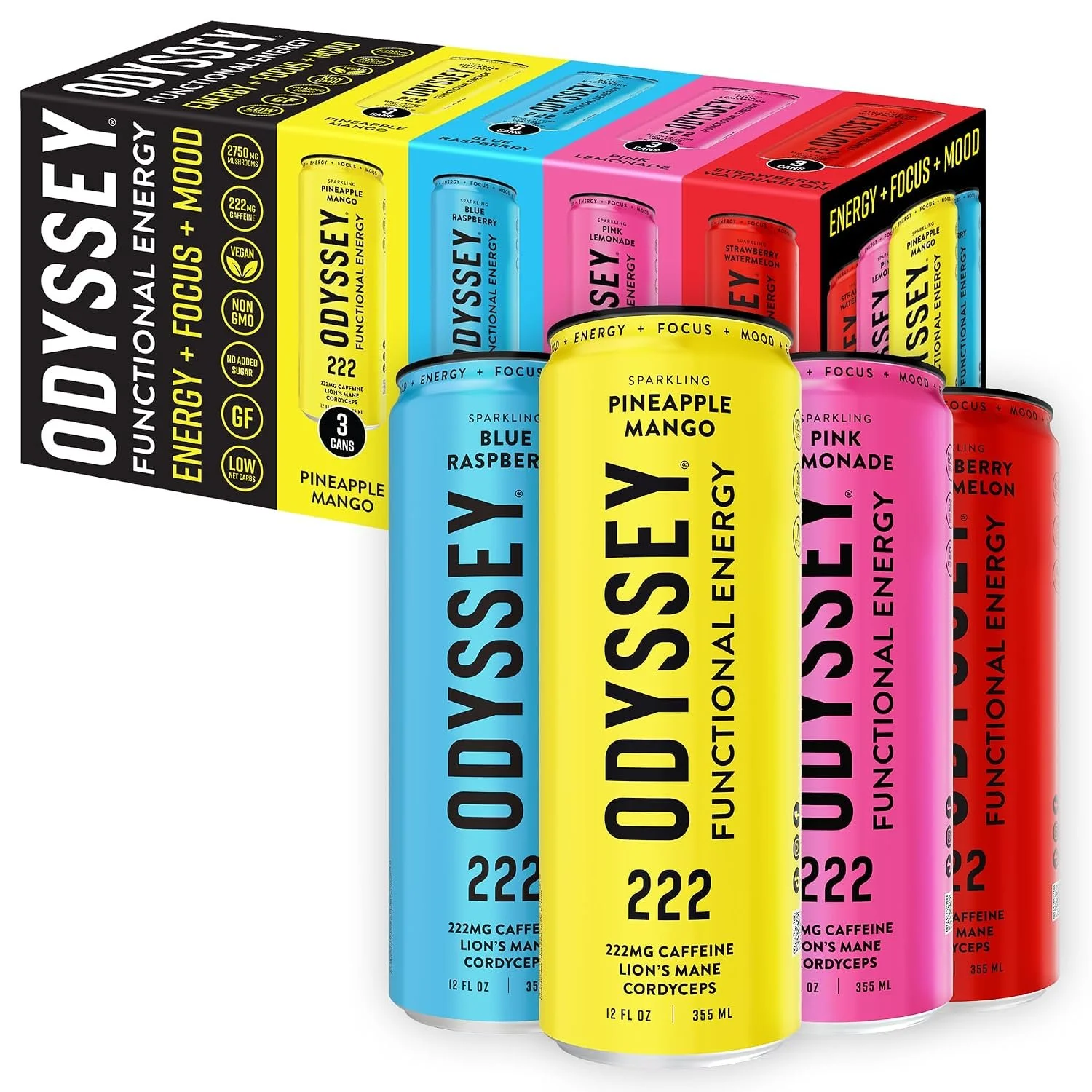 A variety pack of Odyssey functional energy drinks in colorful cans, including pineapple mango, blue raspberry, pink lemonade, strawberry watermelon, and blackberry melon flavors.