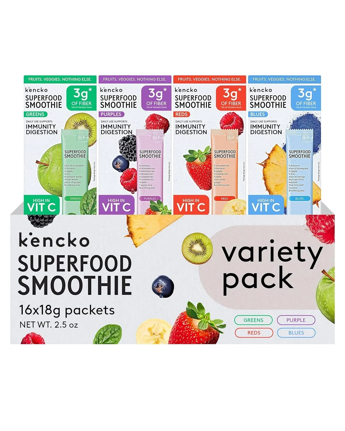 A variety pack of Kencko Superfood Smoothie packets with different flavors labeled as greens, purples, reds, and blues, featuring images of fruits like kiwi, strawberries, pineapple, blueberries, and oranges.