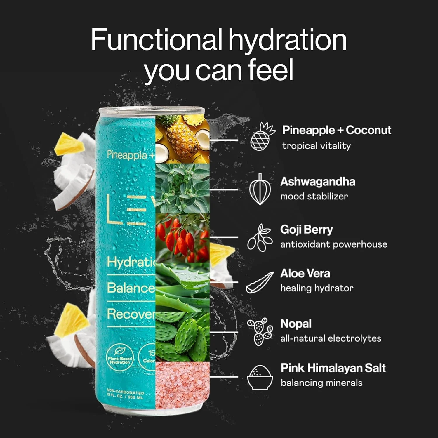 A beverage can with labels and images illustrating key ingredients such as pineapple, coconut, and aloe vera, highlighting its benefits like hydration, mood stabilization, antioxidant power, healing, and electrolyte balance.