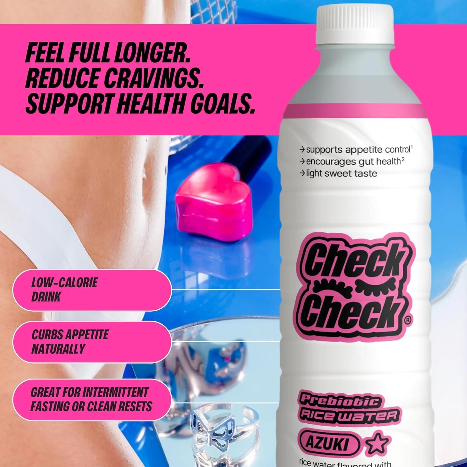 Close-up of a pink, heart-shaped supplement with a blue background, and a white bottle with a pink label that reads 'Check Check' and includes health benefits listed, with pink labels highlighting features like low-calorie, curbs appetite, and great for intermittent fasting, alongside a person's skin and part of their bikini.