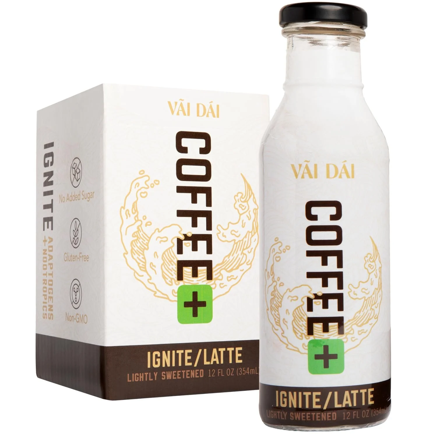 A carton and a bottle of Vāi Dái Coffee Ignite/Latte, lightly sweetened, 12 fluid ounces
