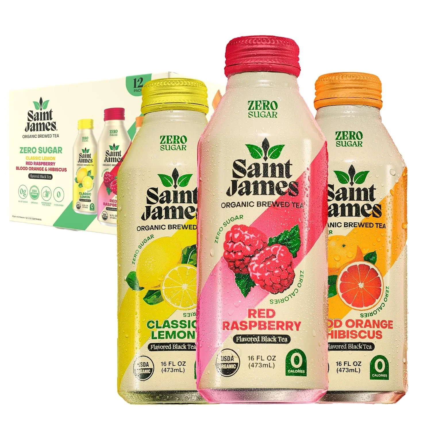 Three bottles of Saint James organic brewed tea with different fruit flavors: classic lemon, red raspberry, and blood orange hibiscus, with a box of tea bags in the background.
