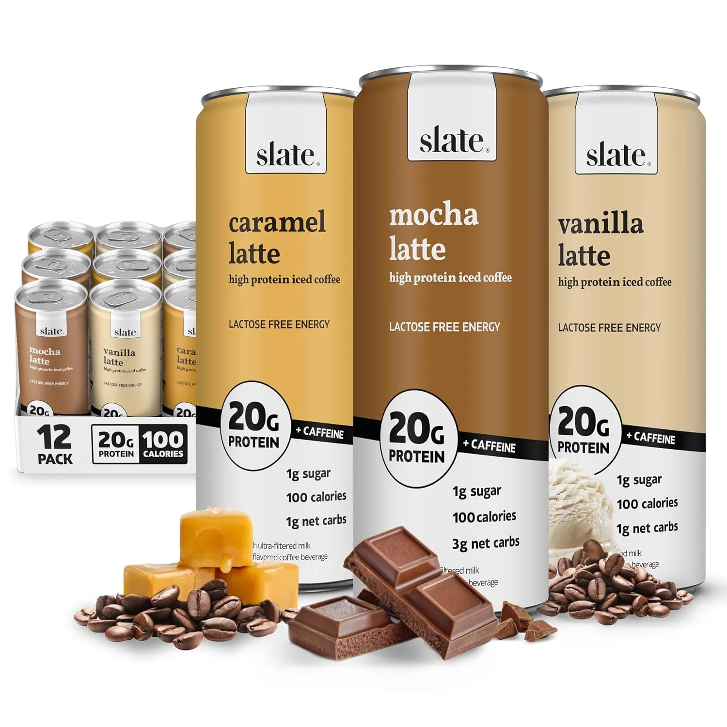A selection of Slate high protein iced coffee cans in caramel latte, mocha latte, and vanilla latte flavors, accompanied by coffee beans, caramel squares, and chocolate pieces.
